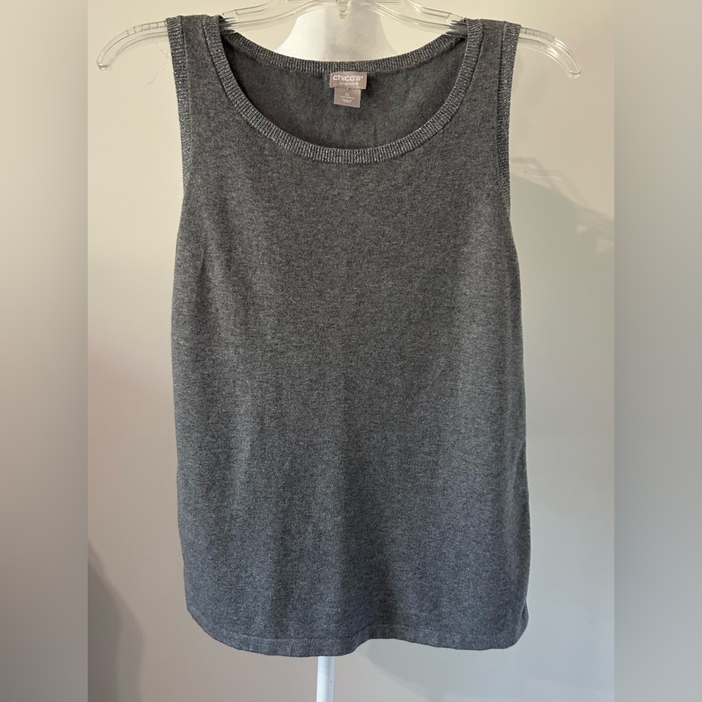 Chico's Zenergy Gray Knit Tank Top W/Metallic band detail at neckline & arm band